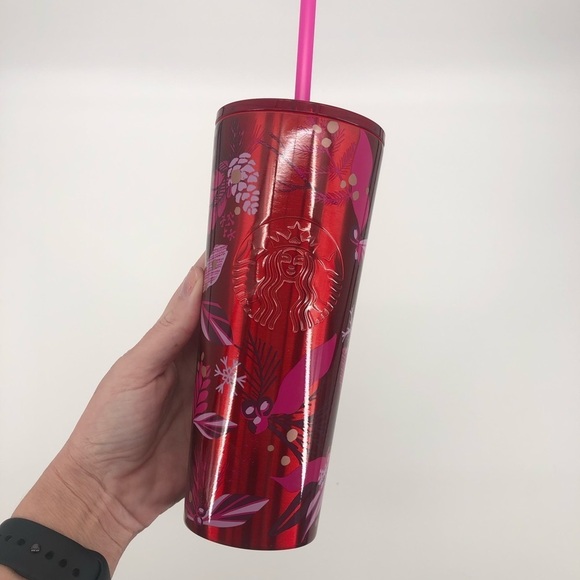 STARBUCKS Holiday 2021 Red Pine Pine Cone Holly Stainless Steel Tumbler NEW - Picture 1 of 8
